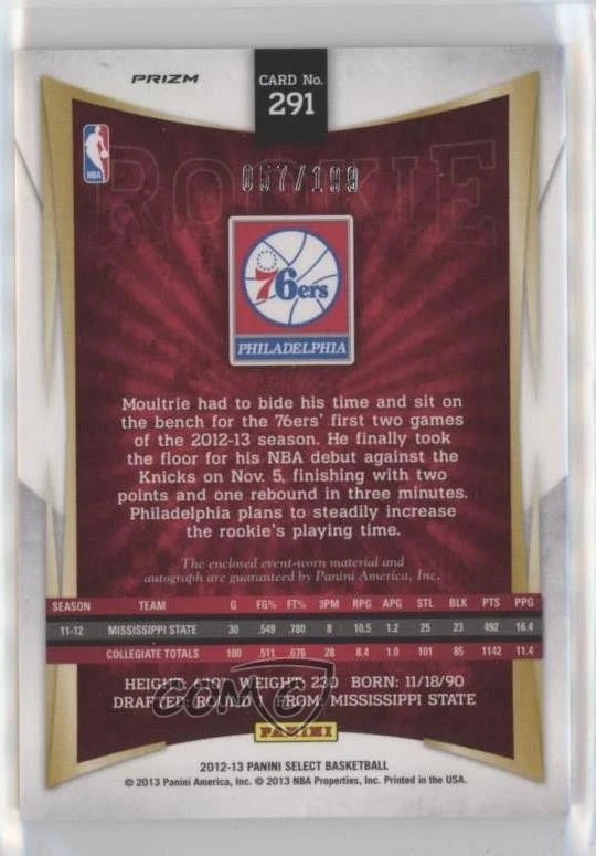 2012-13 Panini Select Silver Prizm /199 Arnett Moultrie #291 Rookie Auto RC - Image 2 of 2