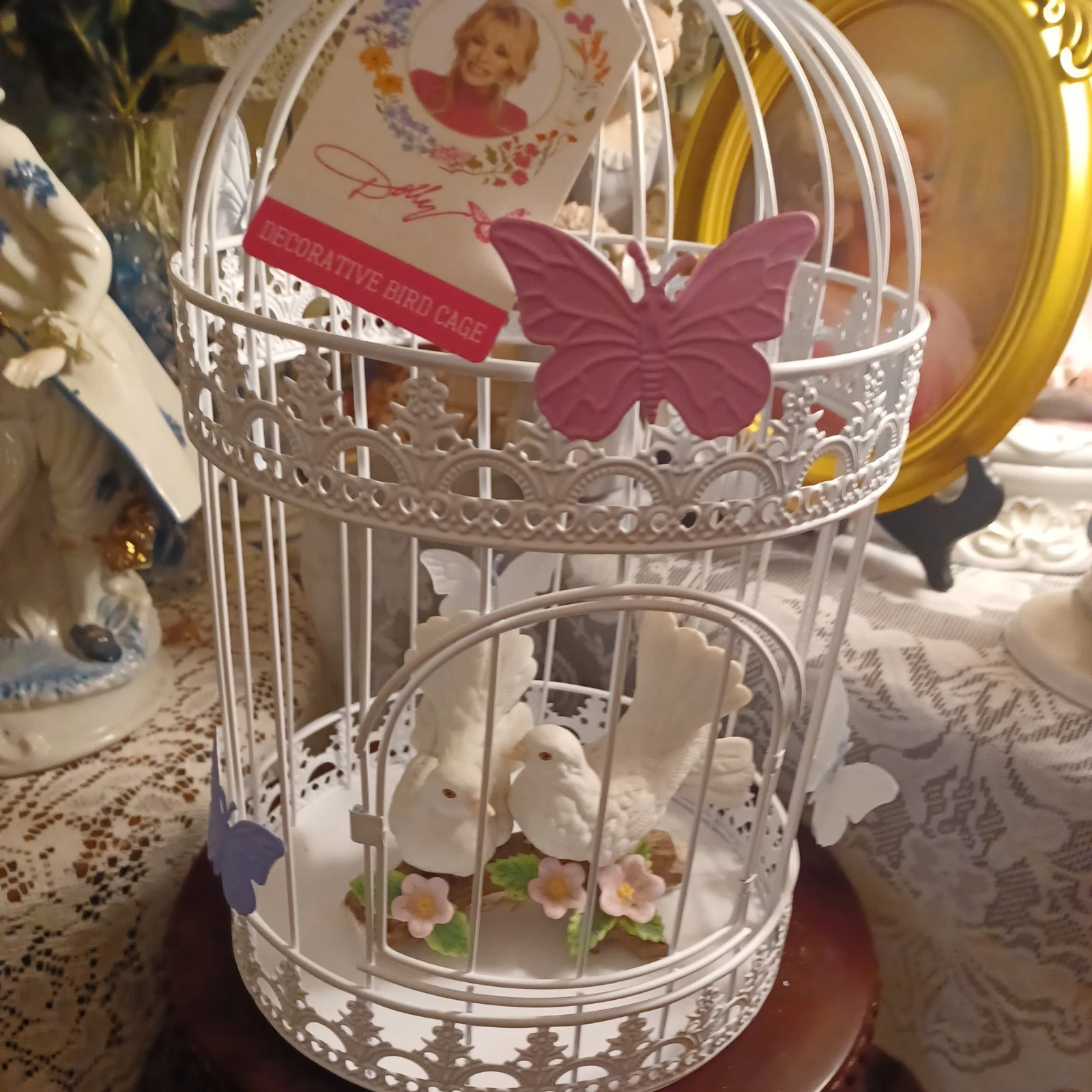 DOLLY PARTON Metal SPRING birdcage With LOVE birds..NEW!!