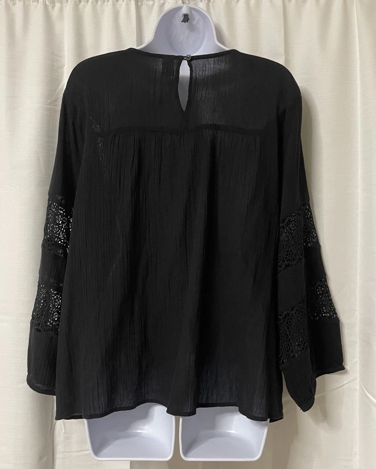 Blusa boho Old Navy para mujer Top negra de algodón gasa crochet encaje talla XL Foto 3 de 4