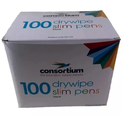 100 Consortium Dry Wipe Slim Markers Bullet Tip Black Drywipe Pens, Free postage