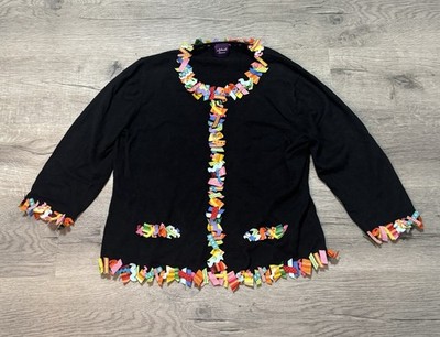 VTG Michael Simon New York Ribbon Cardigan Sweater Womens M Black Pop Art Y2K