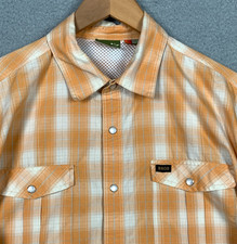 Howler Brothers Shirt Men's Large Orange/White Plaid Vented Button Up Pearl Snap