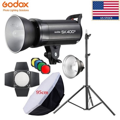 US Godox SK400II Studio Flash Stroble Head Light+Barndoor+95cm Softbox Stand Kit