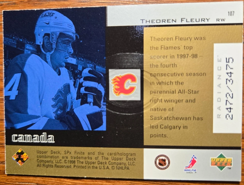 1998-99 Upper Deck SPx Finite Radiance Theoren Fleury #107 #d/3475 Mint - Image 2 of 2