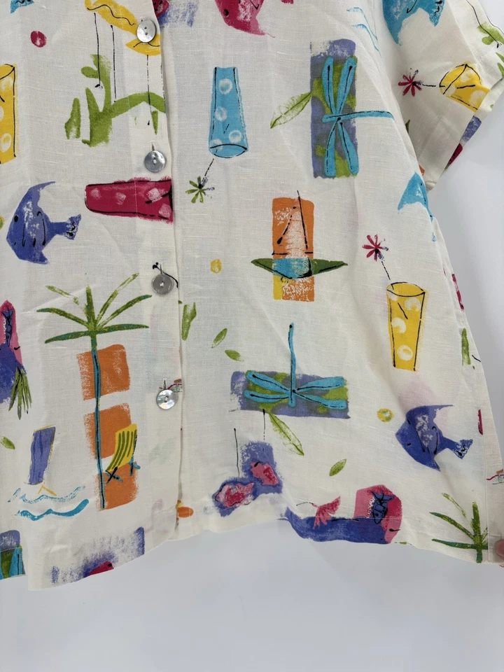 Lo último Camisa Algodón Vintage Abotonada Para Mujer Mediana Blanco Pez Tropical Playa Lino Foto 4 de 4