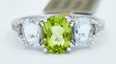 ECHTER RING 1,84 kt PERIDOT, AQUA & DIAMANTEN 10 KT WEISSGOLD - kostenlose Bewertung