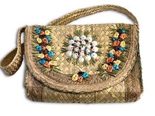 Vintage 1960s Cabana Floral Wicker Raffia Woven Straw Purse Handbag Philippines