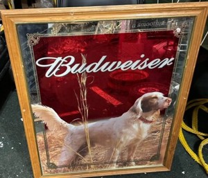 LARGE BUDWEISER BEER ENGLISH SETTER HUNTING DOG MIRROR SIGN 33”X28”