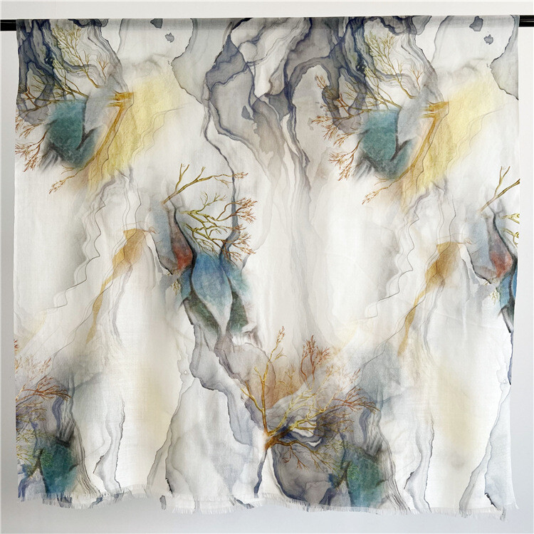 Pure 300s Cashmere Scarf Wrap Shawl 78x39 in Cloud Mountain Fog Sea Print