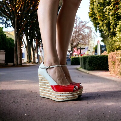 GUCCI White, Red Patent Leather Cork Mary Jane Wedge Cork Sandals