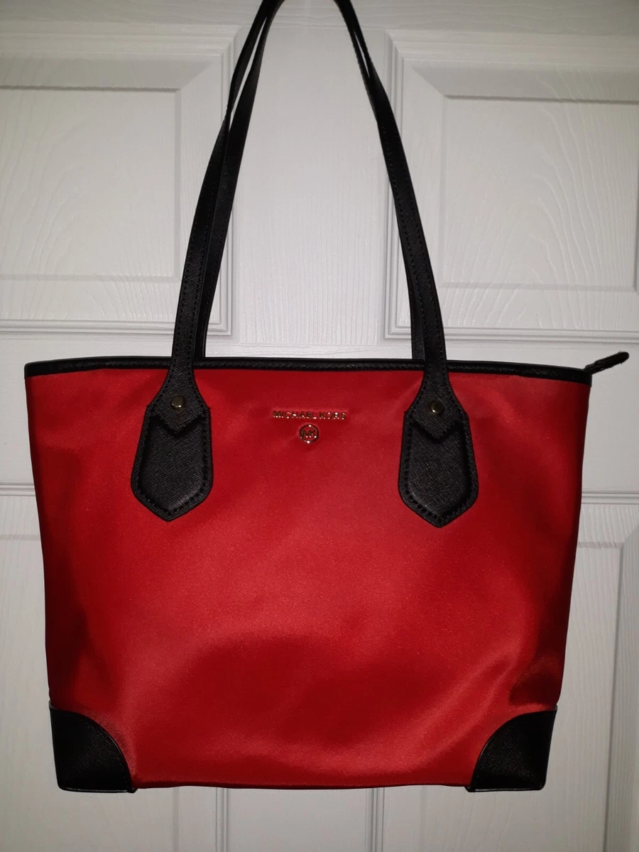 MICHAEL KORS Red Black Gold Zip top Nylon Tote Purse Shoulder Bag