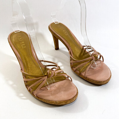 LRL Ralph Lauren Sarina Heels Open Toe Straps Gold Pink NO SIZE MARK 8-8.5?