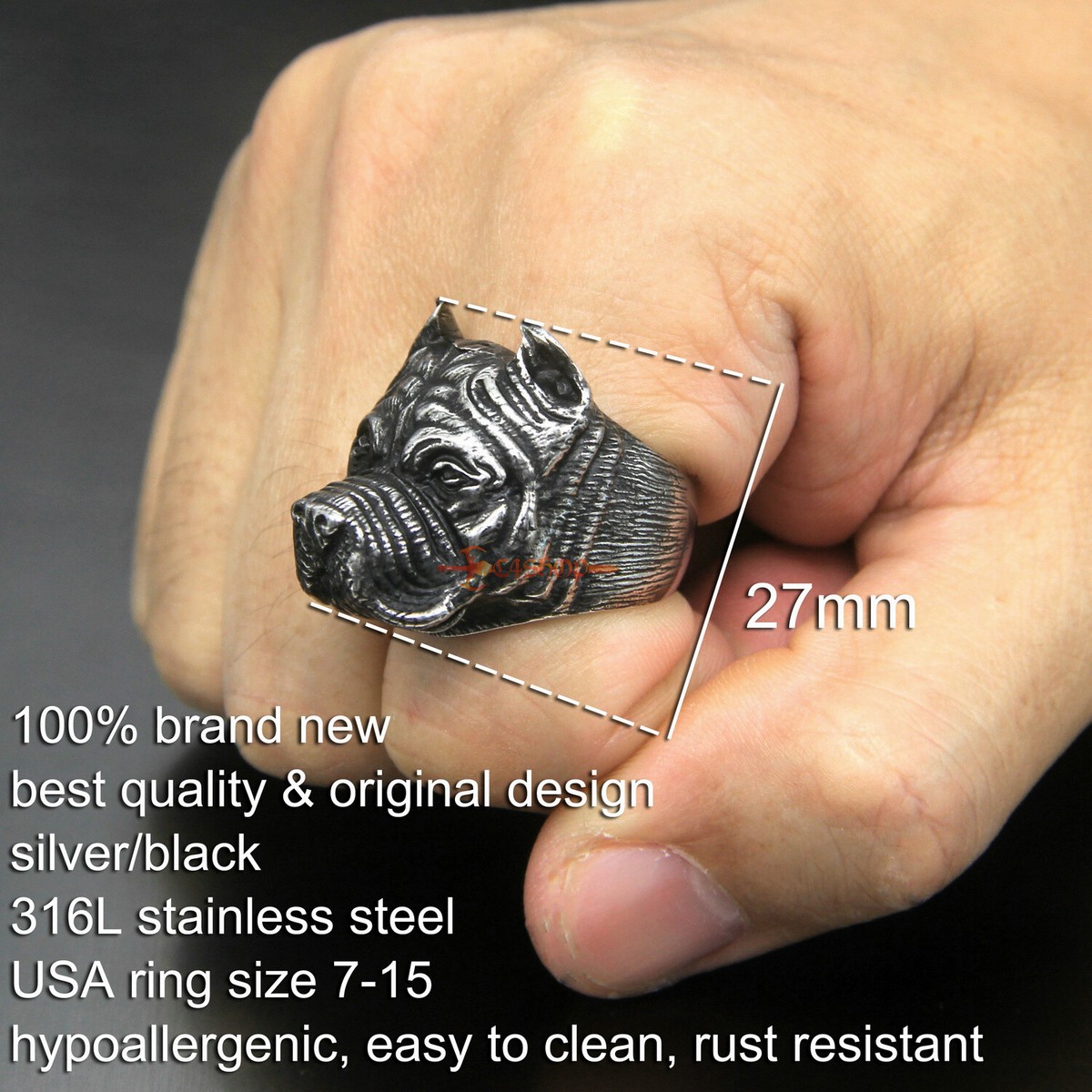 Men's Boy's Pit Bull 3D Dog Head Biker Ring Animal Pet 316L