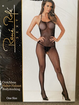 One Size Regular Black Crotchless Halter Fishnet Bodystocking Lingerie,NIP
