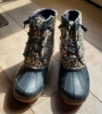 Sperry Top Sider Boots Womens 8.5 Leopard Duck STS86438 Ankle Black