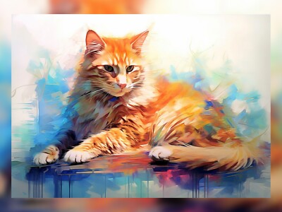 Anmutige Ruhe: Sitzender Ingwer und weiße Katze Ölgemälde Druck 5''x7''