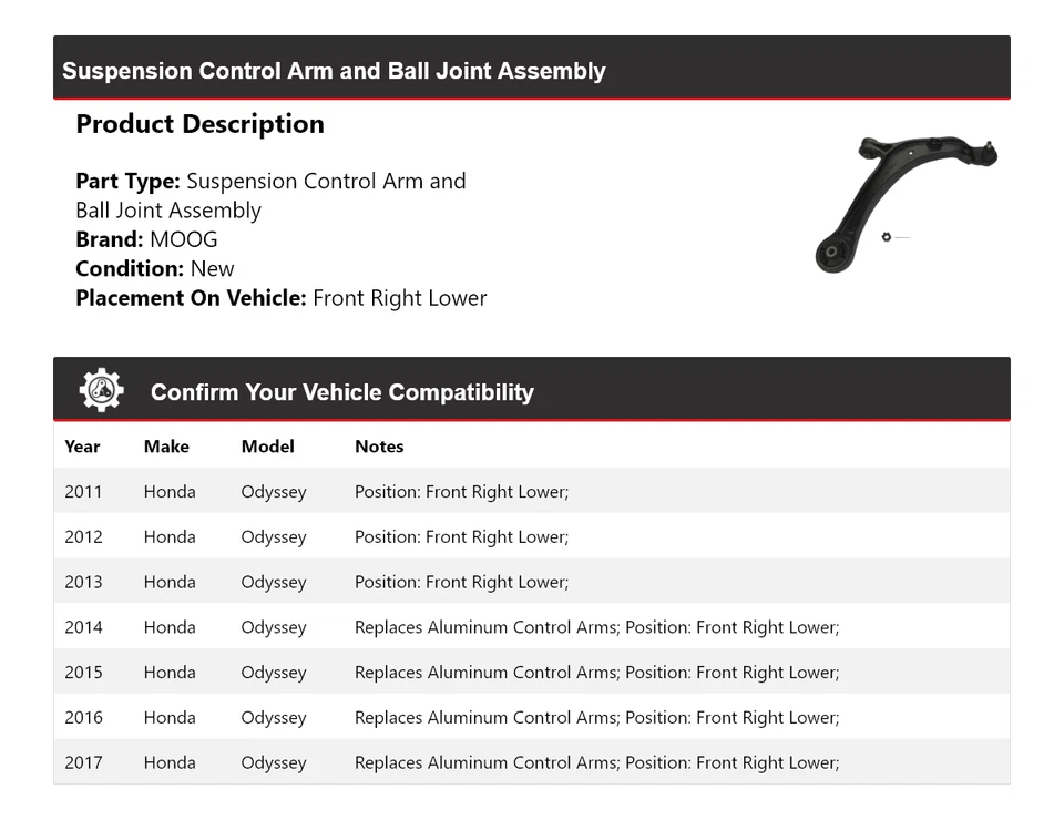 适用于 2011 - 2017 年本田 Odyssey 控制臂球接头 Assy 前右下部  — 第 2/3 张图片