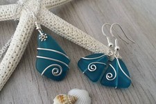 Hawaiian Jewelry Sea Glass Set, Teal Wire Wrapped Necklace Earrings Jewelry
