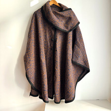 Vintage wool Borw Blue Woven Button Closure Neck Detail Cape OS
