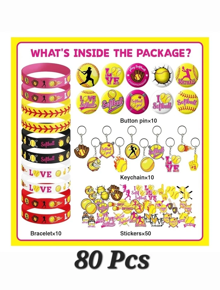 80 Pcs Softball Birthday Theme Favors Decorations. Bracelet Keychain Button Stic - Image 2 of 2