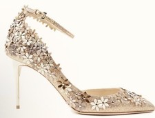 Jimmy Choo Gold Leather Floral Appliqu Swarovski Adjustable Ankle Strap Heel 37