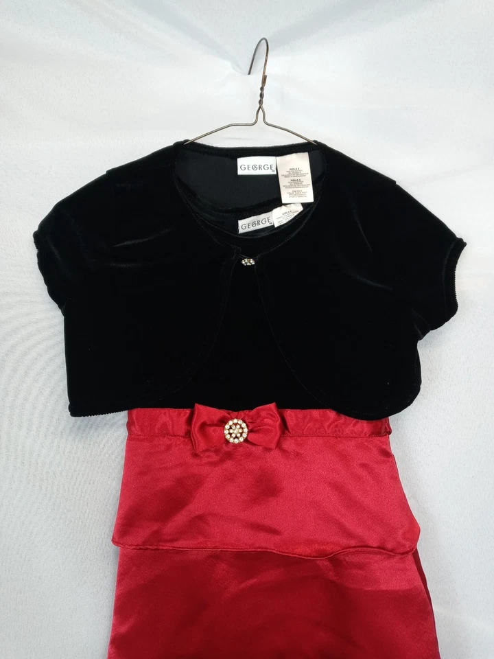 Vestido George Niñas Talla 8 Rojo Satinado Negro Terciopelo Bolero Vacaciones Fiesta de Navidad Foto 3 de 4