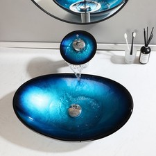 Artistic Oval Bathroom Blue Glass Vessel Sinks Black Basin Bowls Combo Tap Drain