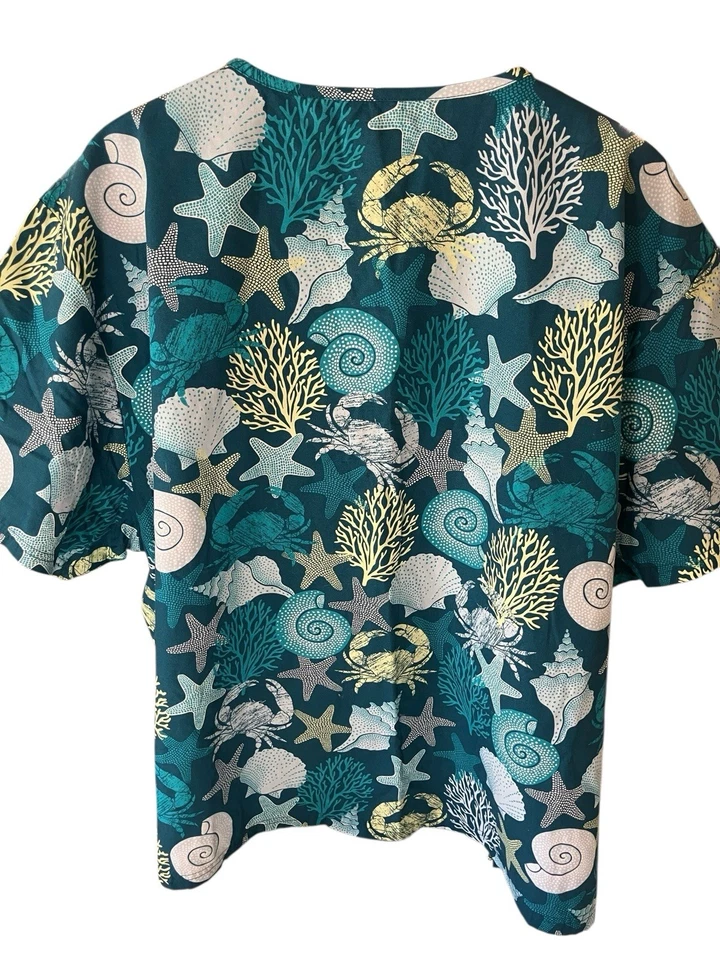 Butter Soft Originals Scrub Top Women's 5X Teal Blue White Seashells V-Neck SS - Image 2 of 4