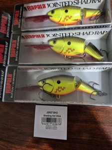 RAPALA JOINTED SHAD RAP 07's--3 BLD HOT OLIVE COLORED FISHING LURES