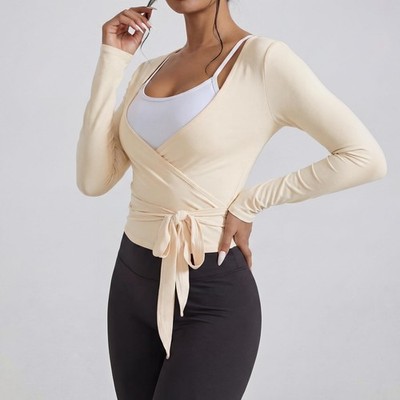 Kfsghdnz Y2K Ballet Cross Wrap Top Lange Mouw Diepe V-hals Slim Fit Yoga Pilates Tie Up Bolero Shrug Workout Getailleerd Shirt, Roze G, M