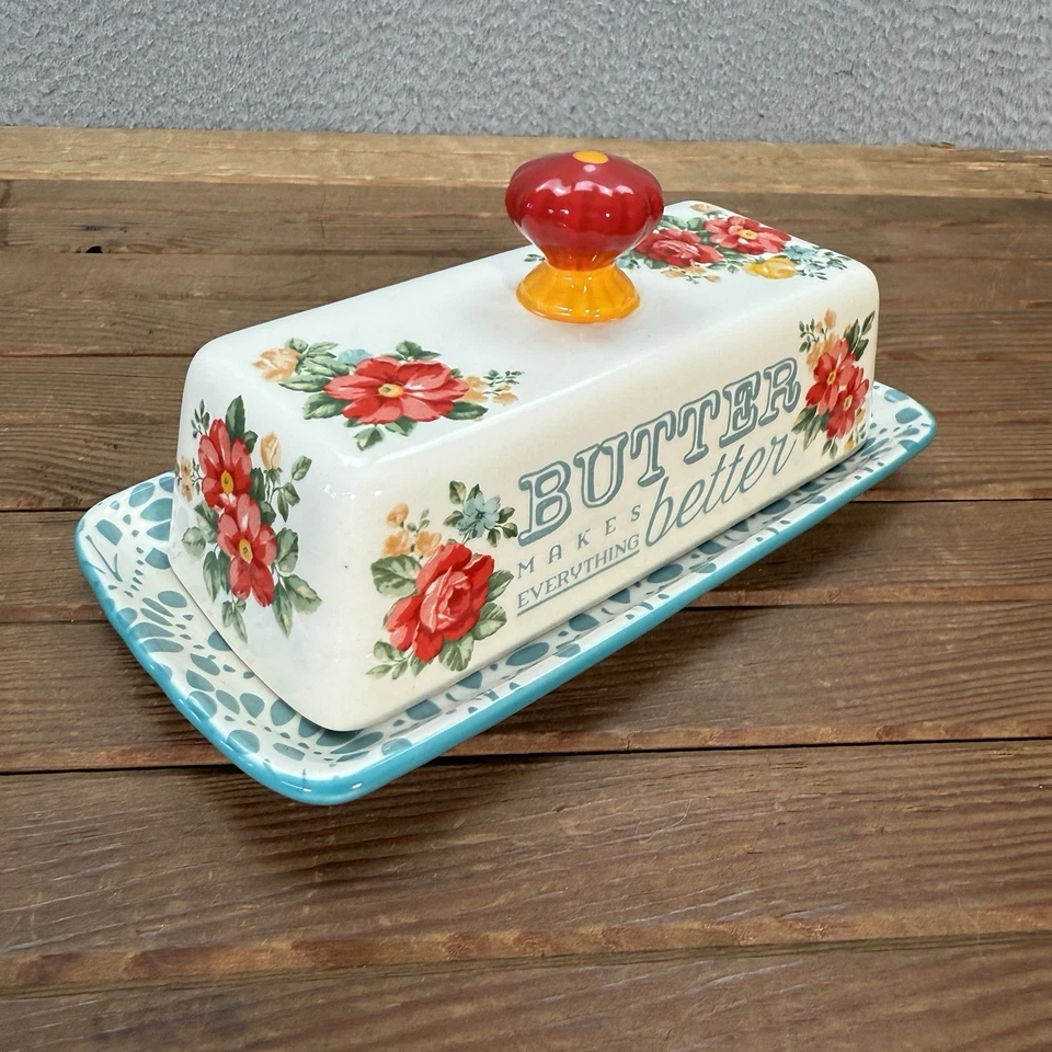 Plato de mantequilla mujer pionera multicolor floral gres China casa de campo Foto 2 de 4
