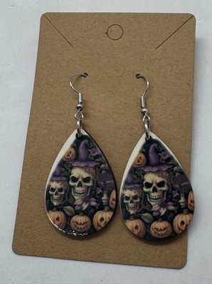 Halloween Skull Pumpkin Earrings Teardrop Dangle Witch Hat Spooky Fall Jewelry