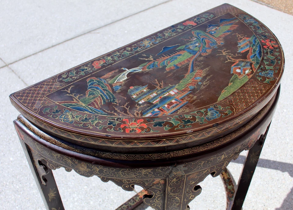 Antigua mesa consola china del siglo XIX, pintada a mano de laca marrón Foto 4 de 4