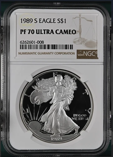 PF70 UCAM 1989-S American Silver Eagle - Brown Label NGC Spot Free White