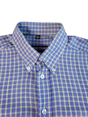 Jean Chatel Shirt Men 15.5/39 Blue Green Check Short Sleeve