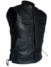 Men's Black Leather Vest Custom Motorcycle Concealed Side Laces Biker Waistcoat