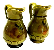 1964 Los Angeles Potteries SET 2 Water Pitcher Fruit Handpainted Mid Century Vtg