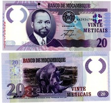 MOZAMBIQUE BANKNOTE 20 METICAIS 2011 P149 AA POLYMER S. MACHEL Rhinoceros NEW...