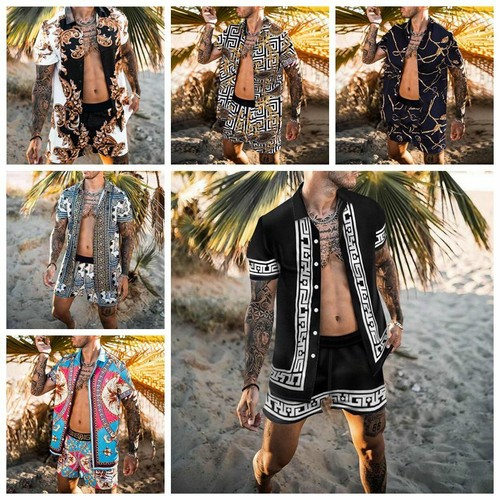 Button Down Shirts Men Beach Party Outfit Casual T Short Sleeve Shorts SET  2 PCS | eBay
