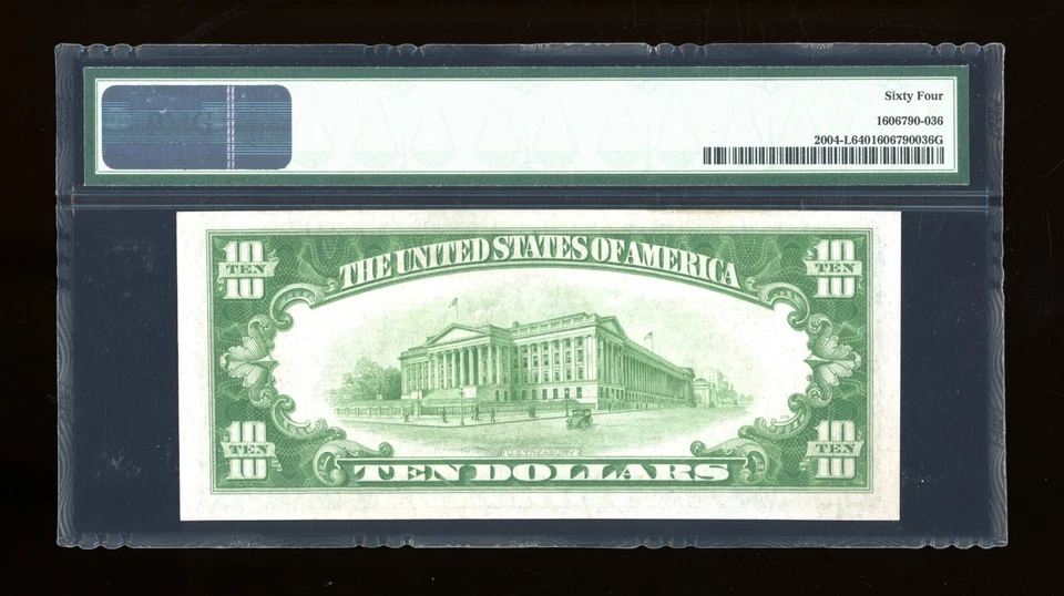 DBR 1934 $10 LGS FRN San Francisco Fr. 2004-Llgs PMG 64 Serial L00573659A - Image 2 of 2