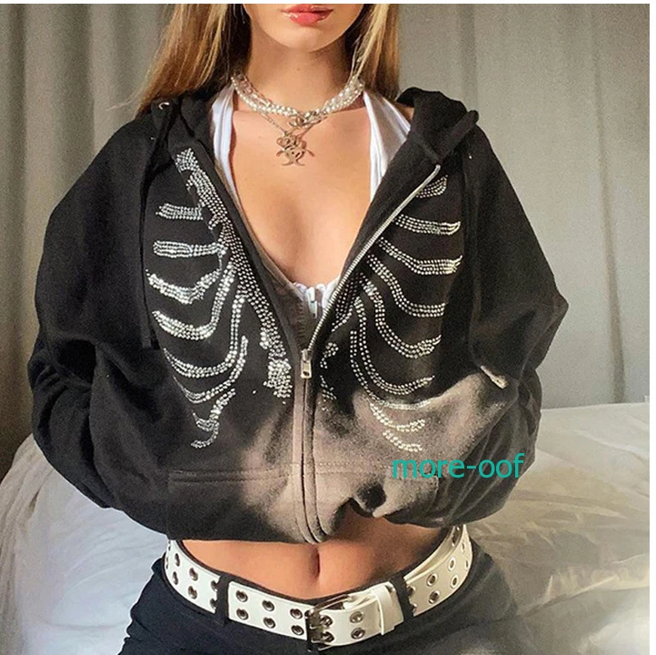 Y2K E Girl Hipster Oversized Hoodie Streetwear Cross Printed Zip Up Coat Jacket