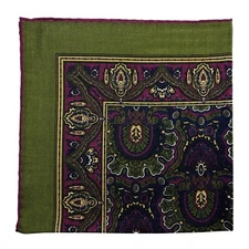 Olive Green & Magenta Medallion Wool/Silk Pocket Square (Hand-Rolled in England)