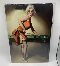 Pin Up Pool Player Tin Sign 12x8 Vintage Style Billiards Wall Decor