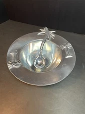 Holland Boone Polished Pewter 7.5” Serving Bowl And Spoon Palm Tree Tiki Beach