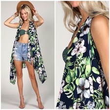 Navy Colorful Tropical Floral Leaf Palm Pattern Sleeveless Handkerchief Vest Top
