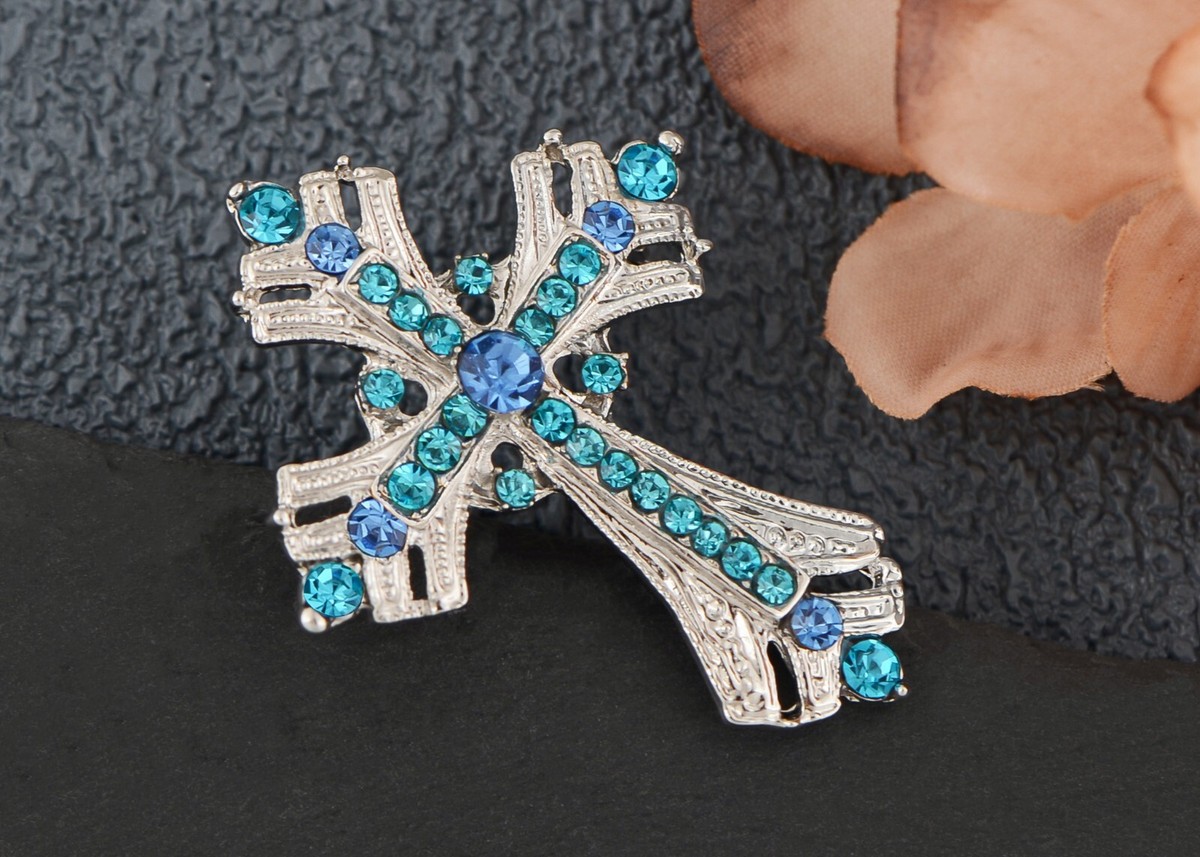 Silvery Tone Religious Cross Brooch Sparkling Aquamarine Crystal