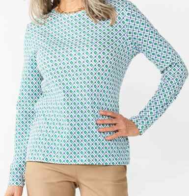 Women's Croft & Barrow The Classic  Tee Long-Sleeve Crewneck Blue Geo L, XL