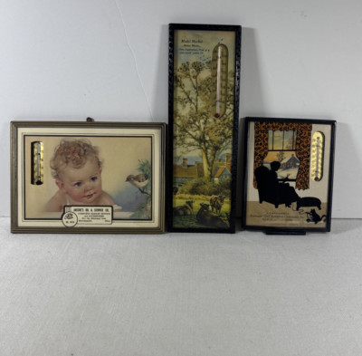 3 Vintage Thermometer Advertising Pictures Wall Hanging Silhouette Baby Farm
