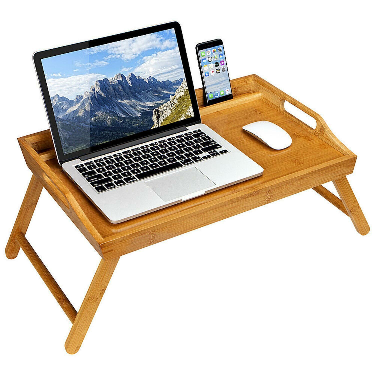 Rossie Home Bamboo Media Bed Tray with Phone Holder Natural up to 17.3" Laptop