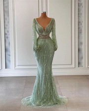 Sparklly Beaded Puff Long Sleeve Evening Dress Muslim Dubai Mermaid Formal Dress